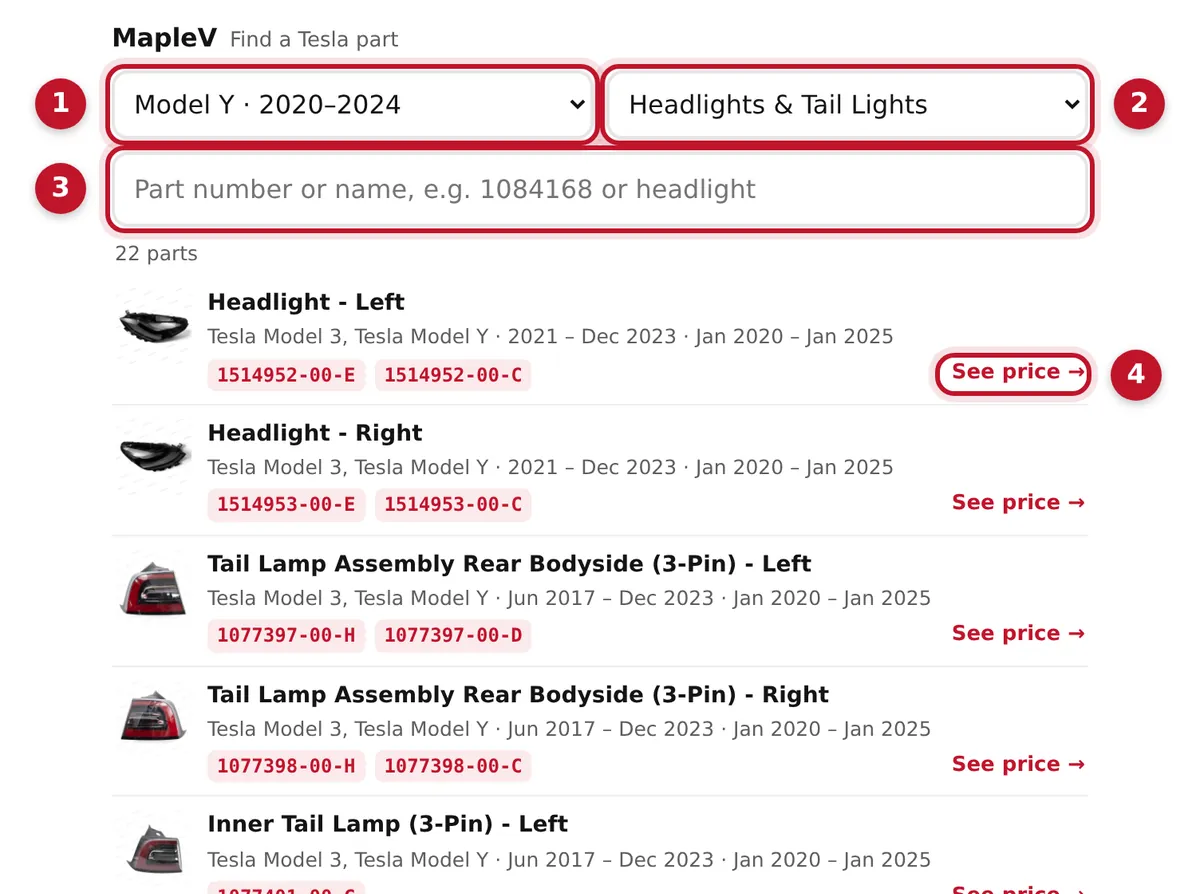The part finder's browse view with Model Y 2020–2024 and Headlights & Tail Lights selected, listing parts with photos, fit years and Tesla OE numbers