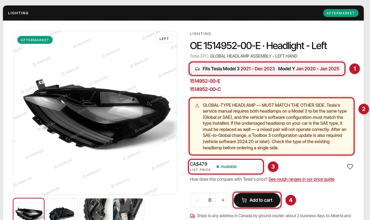 The part page of the left headlight, Tesla OE 1514952-00-E, with the fit line, the Global or SAE warning, the price and the Add to cart button marked