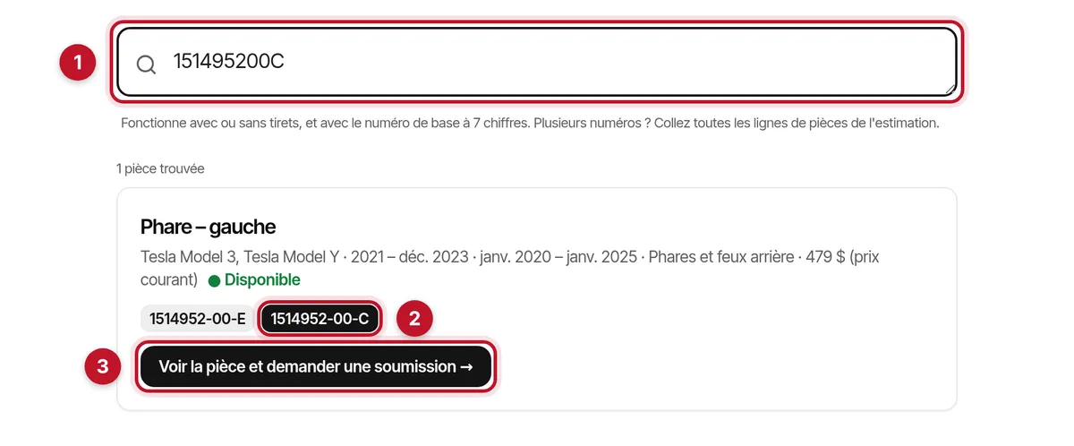 Résultat de recherche pour 151495200C : Phare – gauche, avec les numéros OE Tesla 1514952-00-E et 1514952-00-C, le numéro cherché mis en évidence