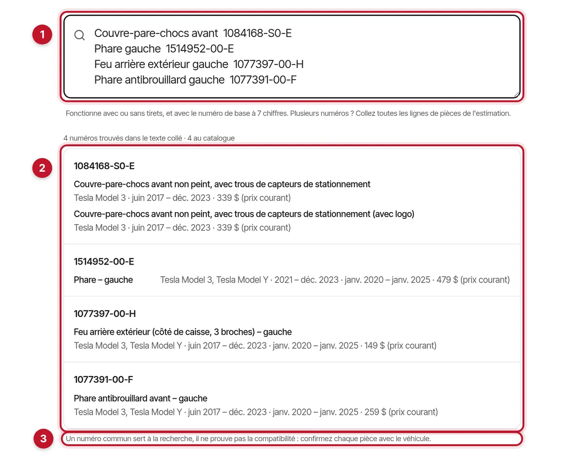 Quatre lignes de pièces collées d'une estimation, avec une ligne de résultat par numéro de pièce Tesla et le compte : 4 numéros trouvés, 4 au catalogue