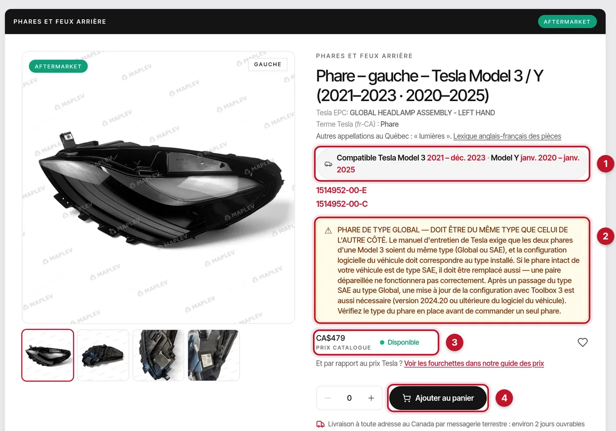 La fiche du phare gauche, OE Tesla 1514952-00-E, avec la ligne de compatibilité, l'avertissement Global ou SAE, le prix et le bouton Ajouter au panier marqués